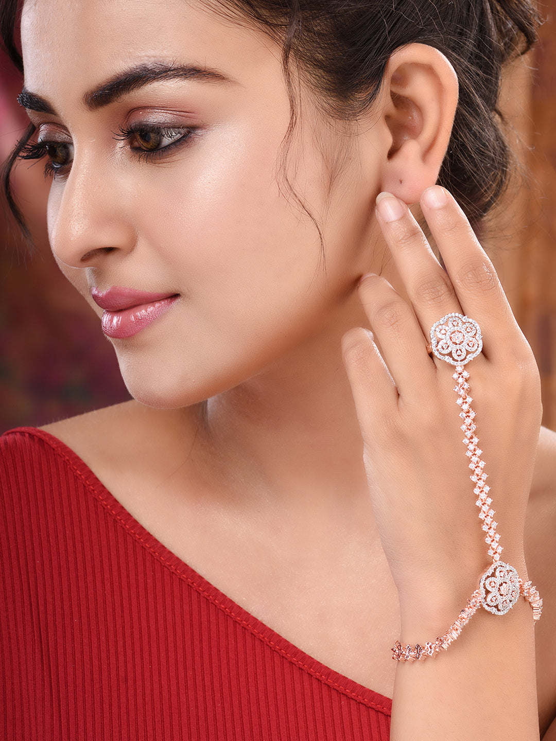 Rose Gold Plated AD Studded Bridal Hathphool Ring Bracelet, zaveri pearls, sale price rs, sale price, sale gold plated, sale gold, sale, rubans, ring, regular price, priyassi jewellery, kusha